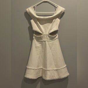 Cinq a Sept Women's White Cut Out Dress Size 4 Off Shoulder Flared Raw Edge